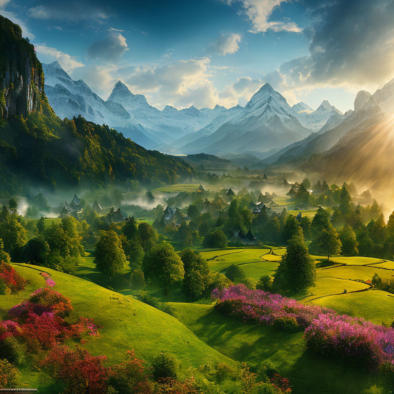 Snow-capped mountains, sunrise, green fields, and blooming flowers in a picturesque landscape