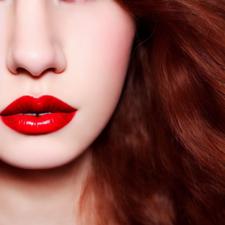Woman's Lower Face with Red Lipstick and Text, Auburn Hair