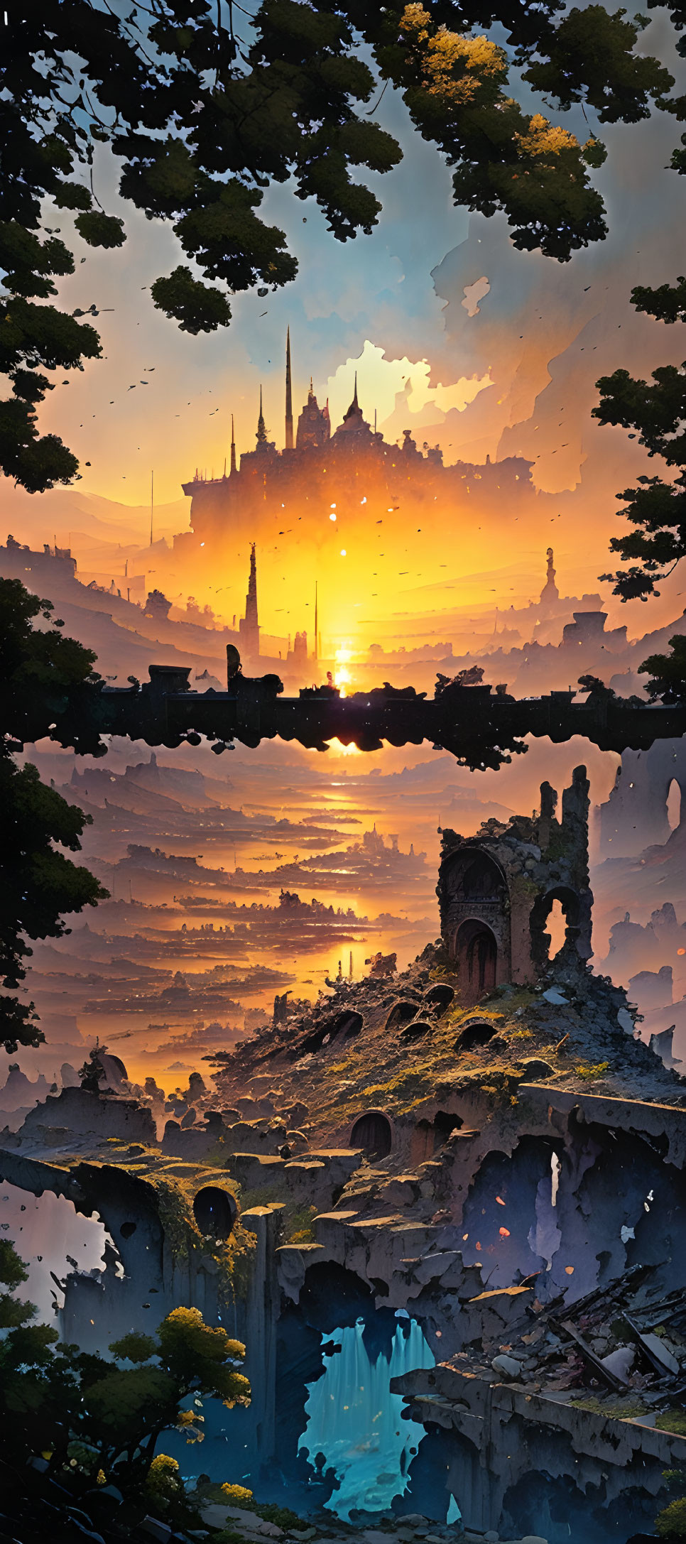 Vertical Fantasy Landscape: Castle Silhouette, Sunset, Ancient Ruins, Waterfall