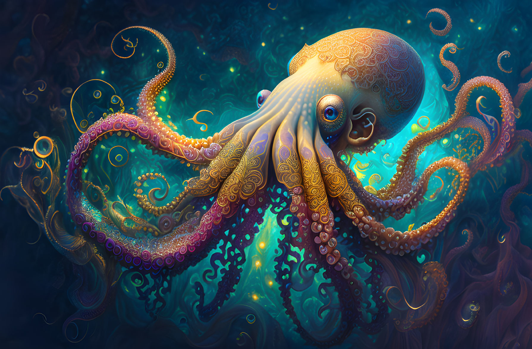 Intricately designed octopus in mystical underwater scene