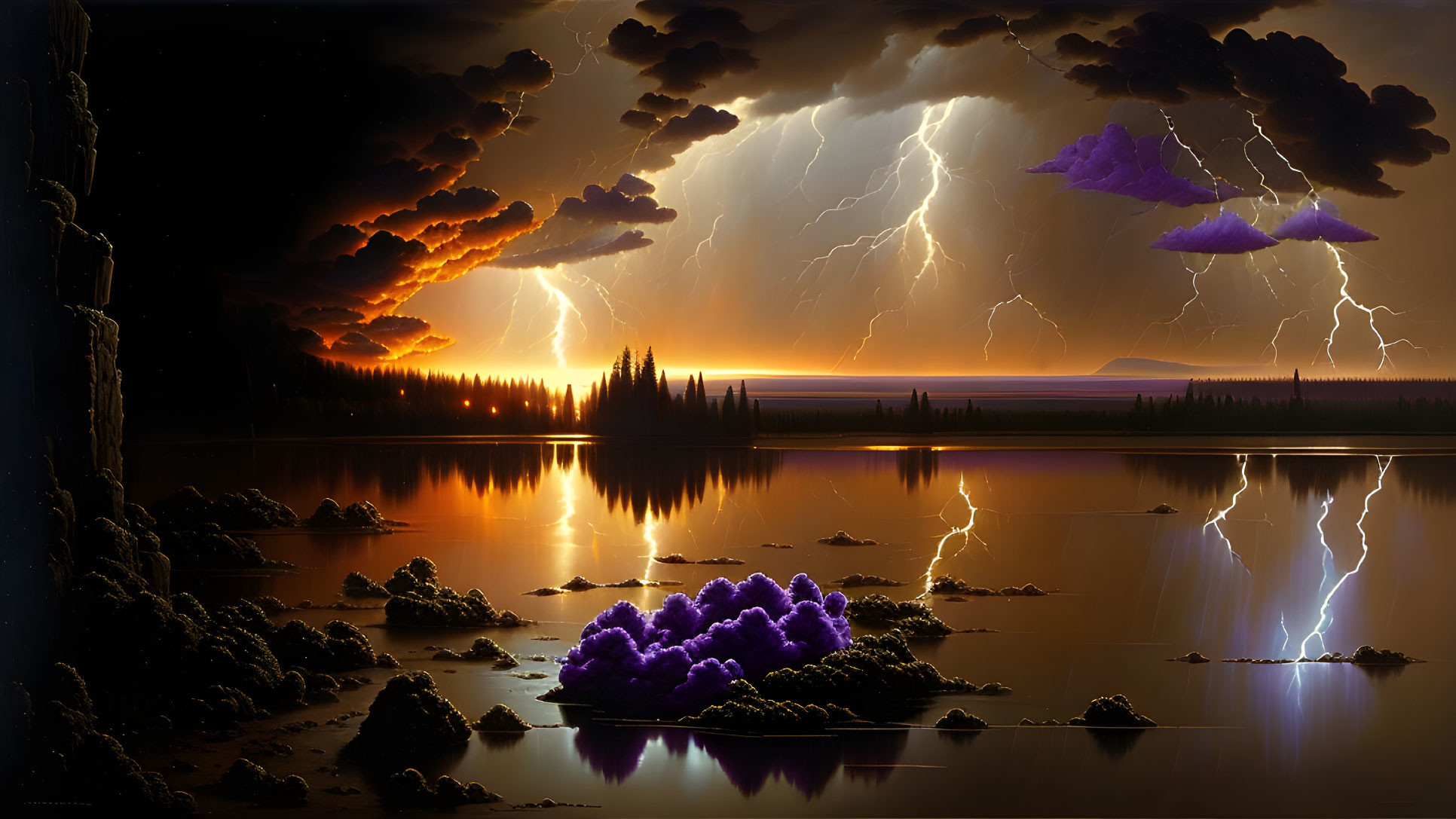 Thunderstorm illuminates night lake scene with lightning strikes