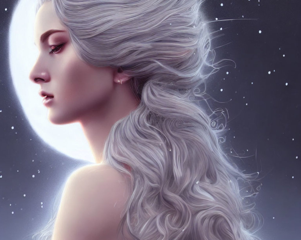 Illustrated portrait of woman with silver hair against starry night sky
