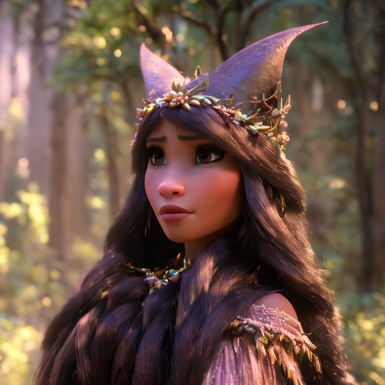 Dark-Haired Female 3D Character in Purple Hat and Floral Crown in Forest Scene