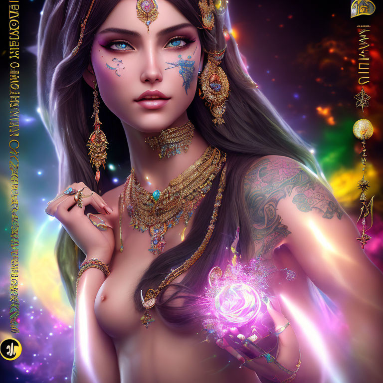 Fantasy female character with blue eyes, golden jewelry, tattoos, and magical orb
