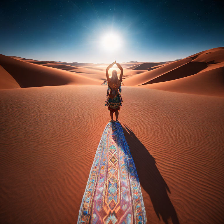 Colorfully dressed person stretches on vibrant rug in vast desert.