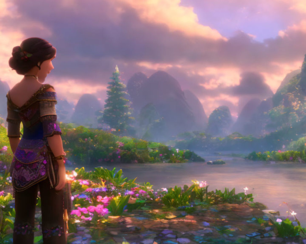 Animated woman admires serene sunset landscape with river and misty mountains