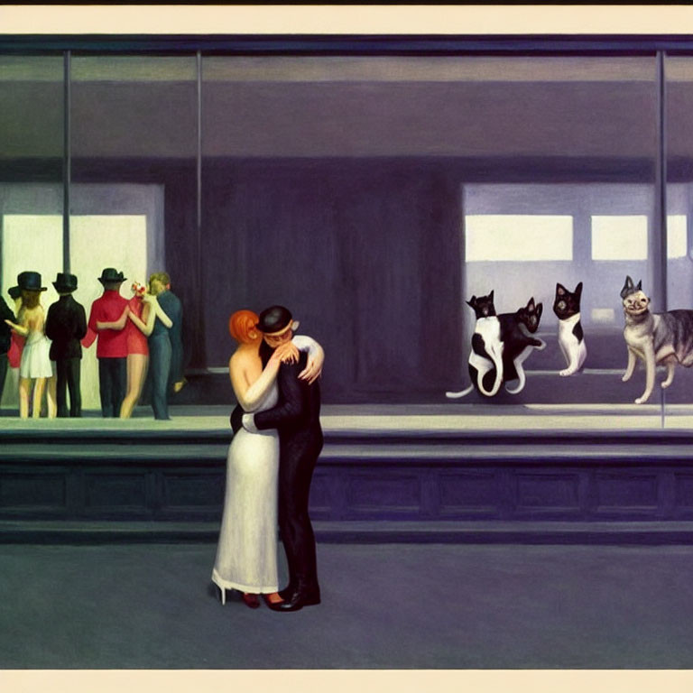 Couple dancing in room with large windows, observed by onlookers and cats