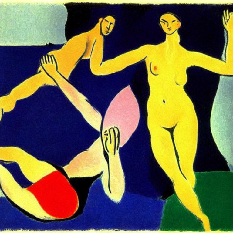 Vibrant abstract painting of two nude figures against blue and green backdrop