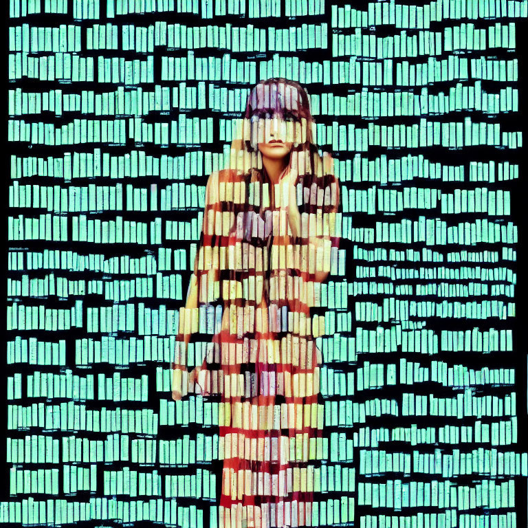 Colorful Digital Glitch Effect Overlaid on Person in Noise Pattern Background