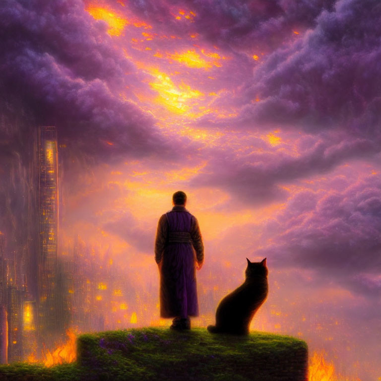 Man and cat on grassy outcrop overlooking cityscape under dramatic purple sky.