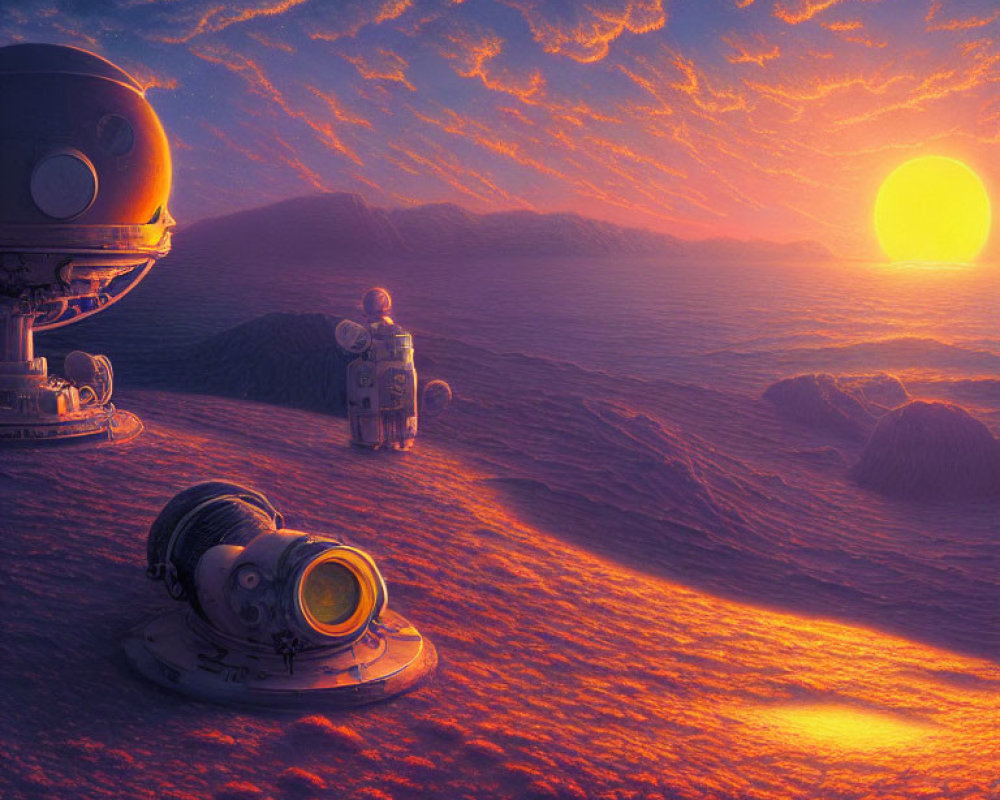 Astronaut on alien landscape at sunrise with spherical lander