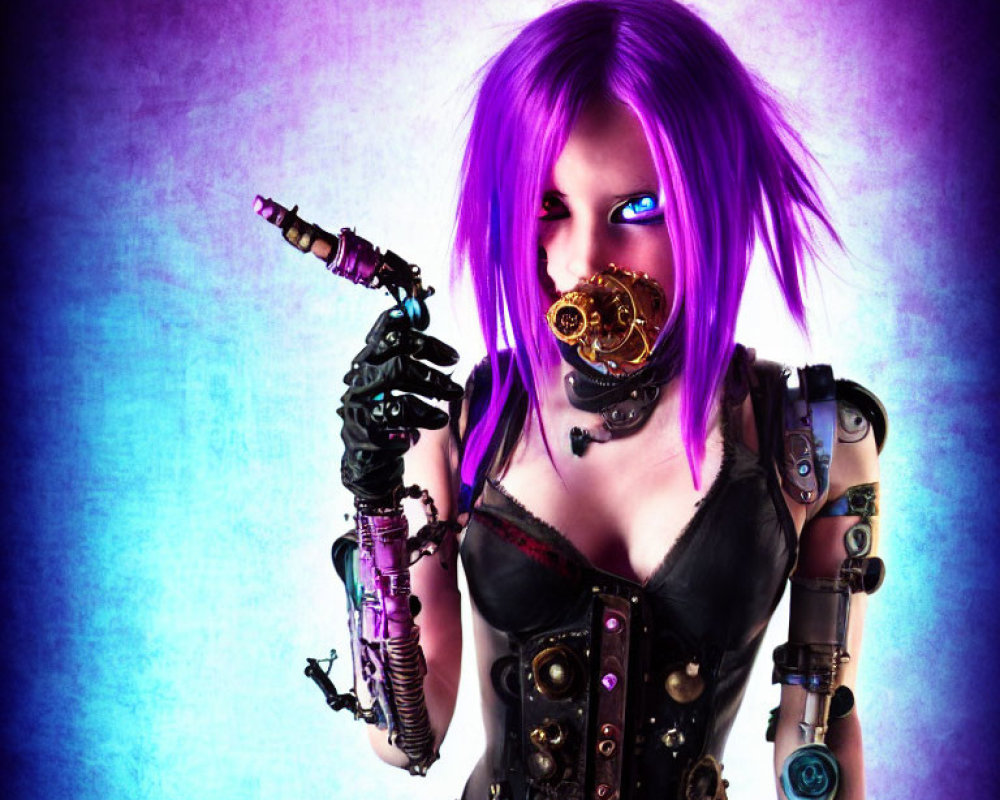 Purple-haired woman with cybernetic enhancements on purple background.