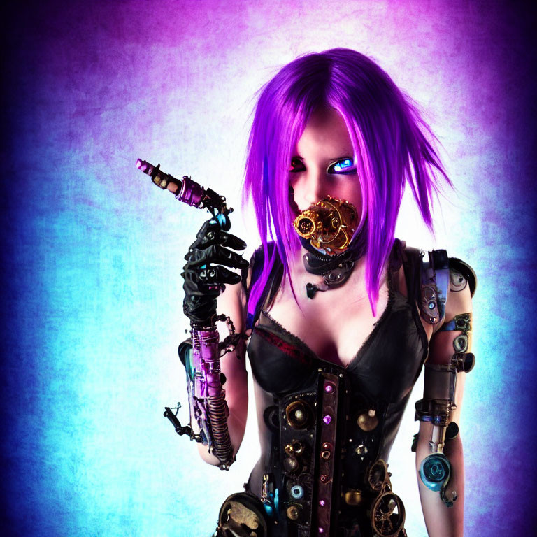 Purple-haired woman with cybernetic enhancements on purple background.