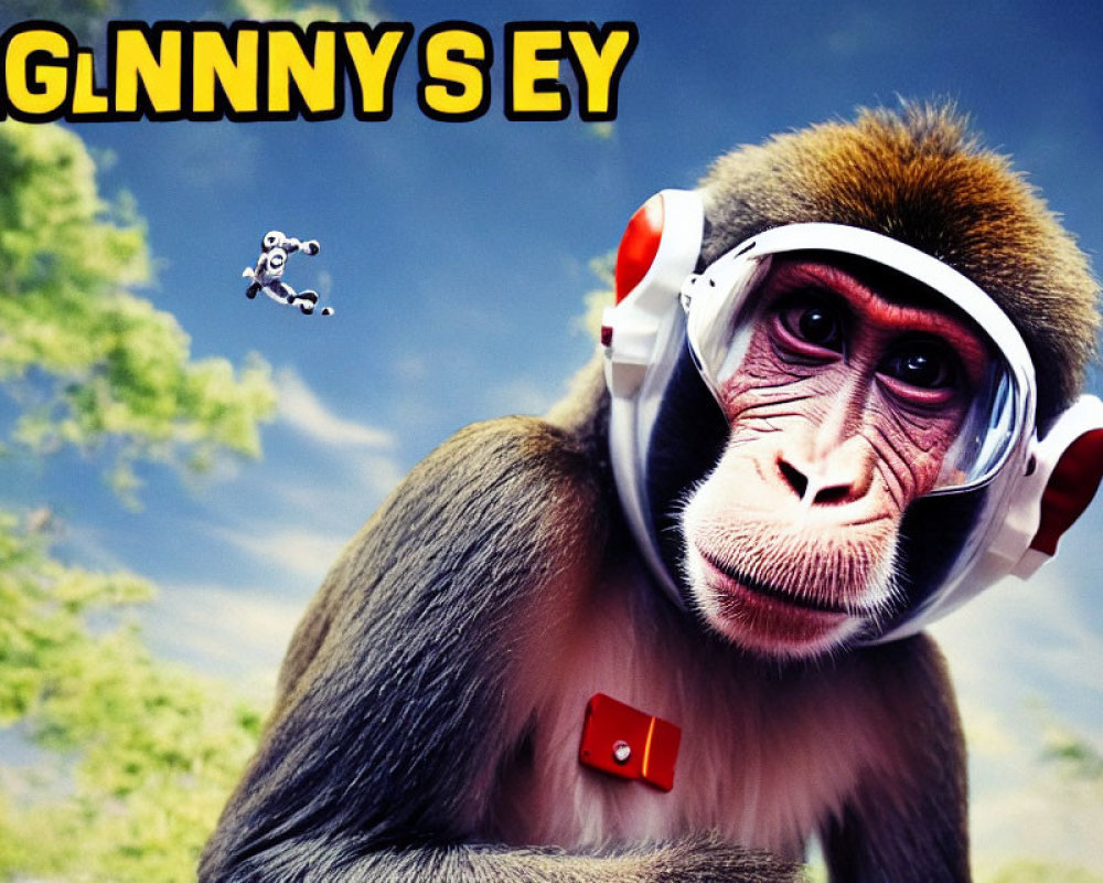 Puzzled monkey with headset and red button on abstract sky background