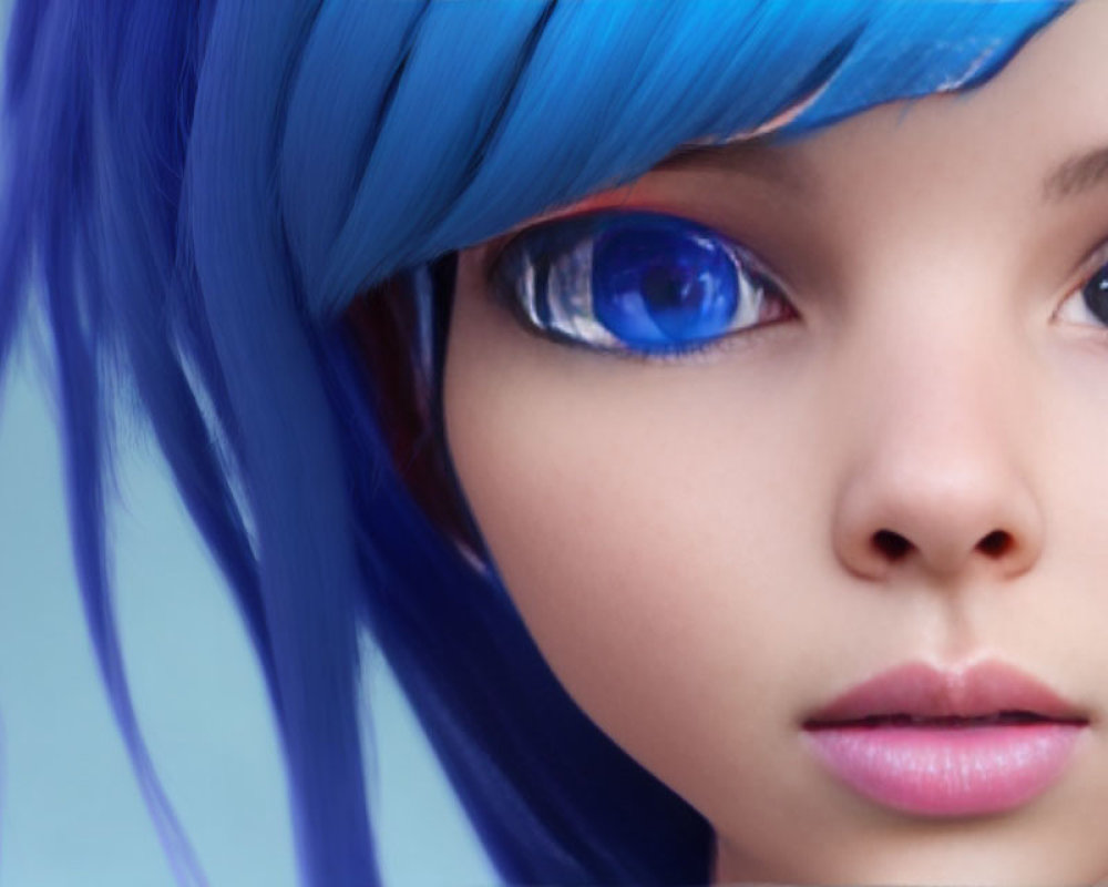 Female with Striking Blue Hair and Eyes on Soft Blue Background