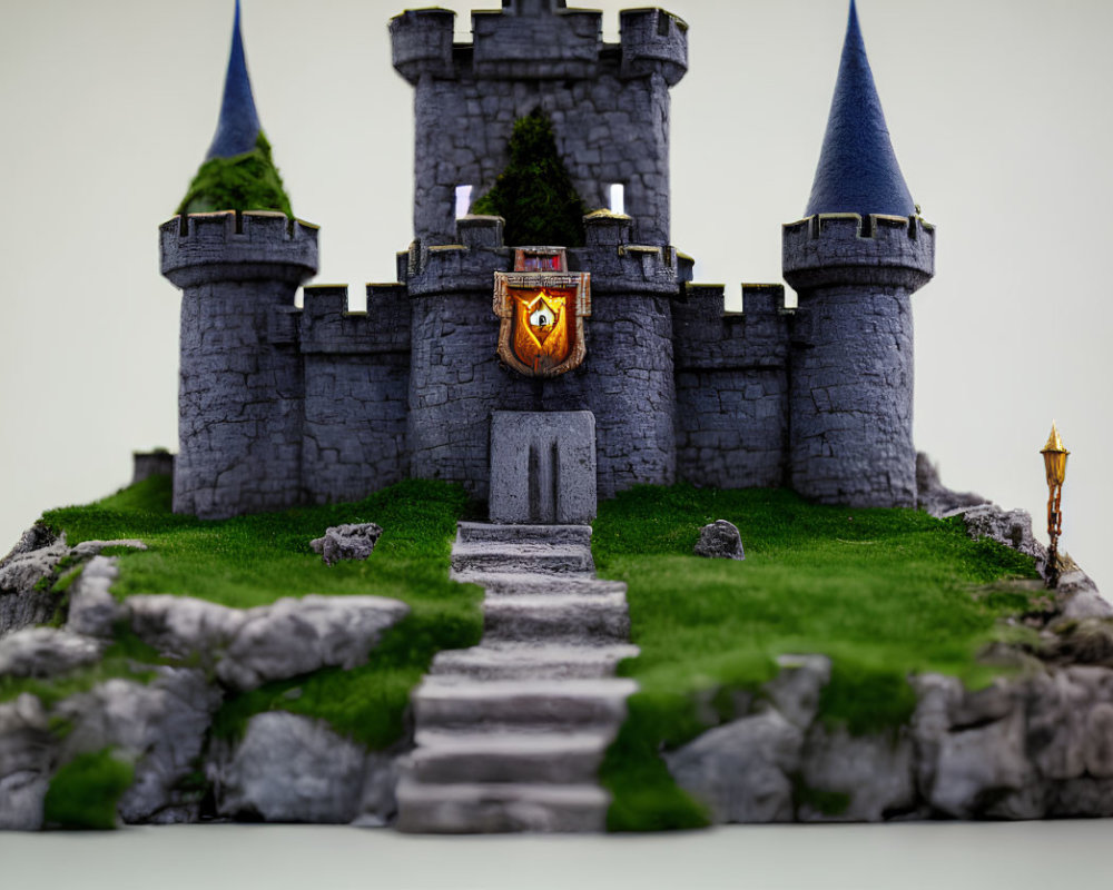 Miniature castle with blue spires, stone steps, shield emblem, and torch on grassy mound