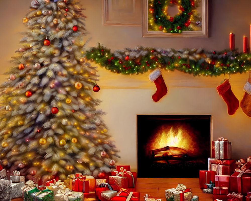 Festive Christmas scene with tree, fireplace, gifts, stockings
