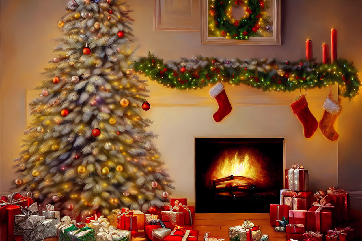 Festive Christmas scene with tree, fireplace, gifts, stockings