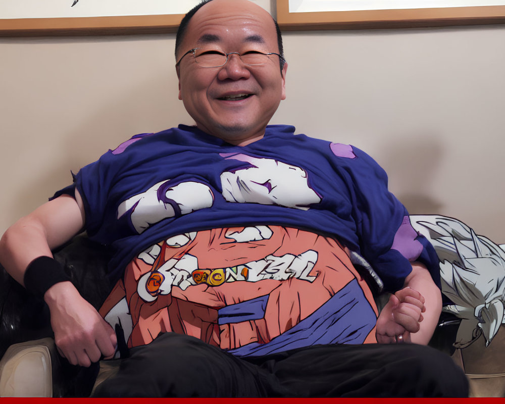 Smiling person in Dragon Ball Z Goku t-shirt on couch with artwork