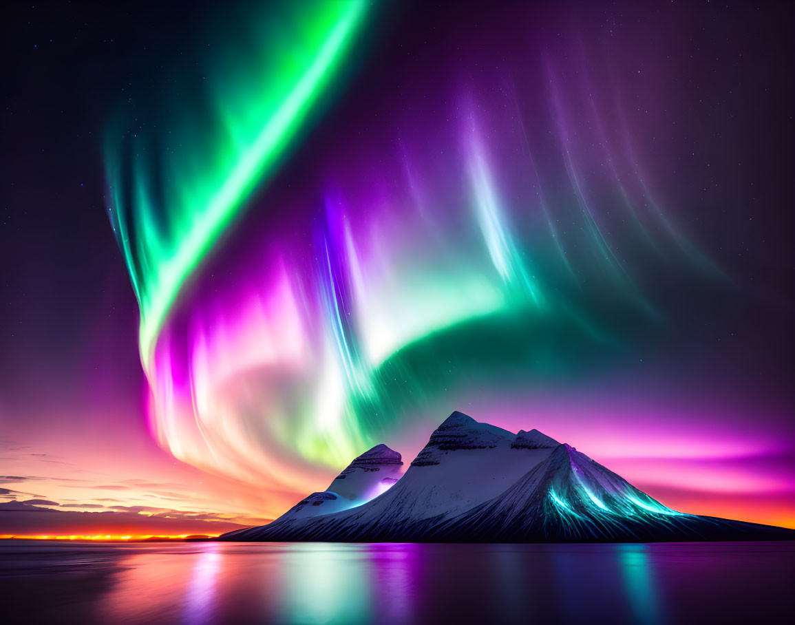 Northern lights dance over snow-capped mountain at twilight
