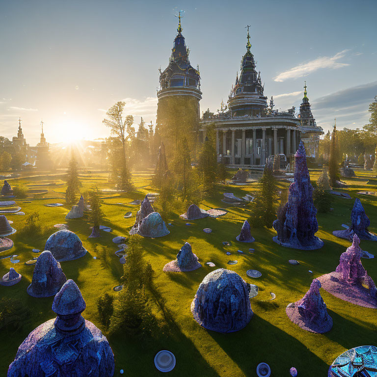 Fantasy palace at sunset with mystical garden and purple foliage