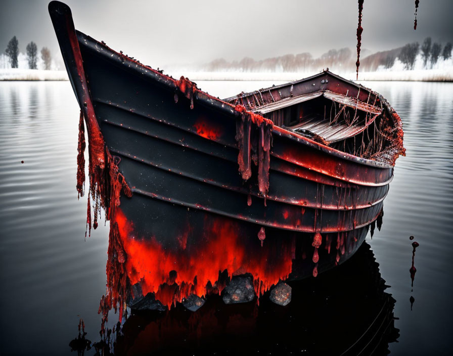 Rusted boat with red algae in foggy, tree-lined setting