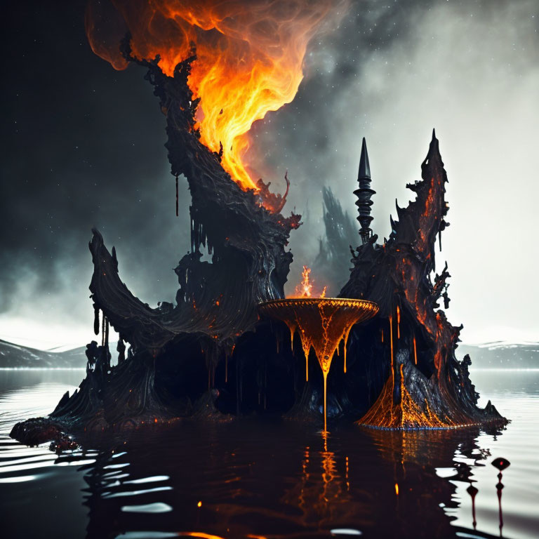 Dark fantasy castle with spires in dramatic sky over water with figure.
