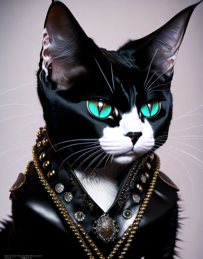 Stylish cat with green eyes in leather jacket and pendant