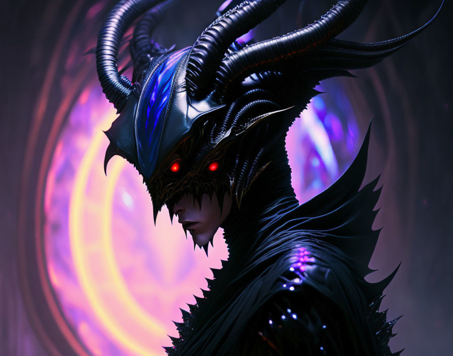 Sinister figure in black armor with glowing red eyes and horned helmet on purple background