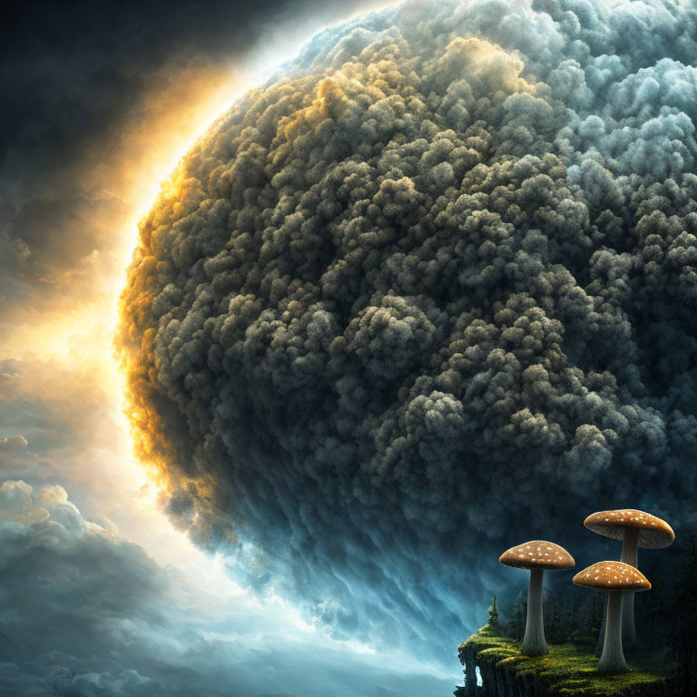 Enormous smoke cloud over glowing cliff mushrooms in dramatic landscape