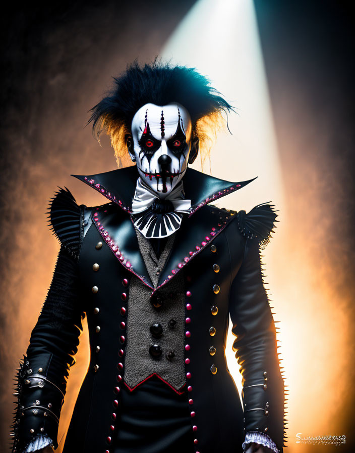 Dramatic clown costume with white, black, and red face paint