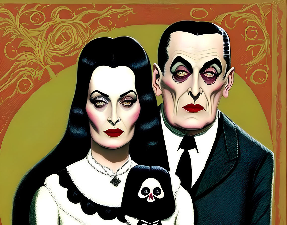 Gothic couple illustration with pale skin, dark hair, white collar, and black suit.