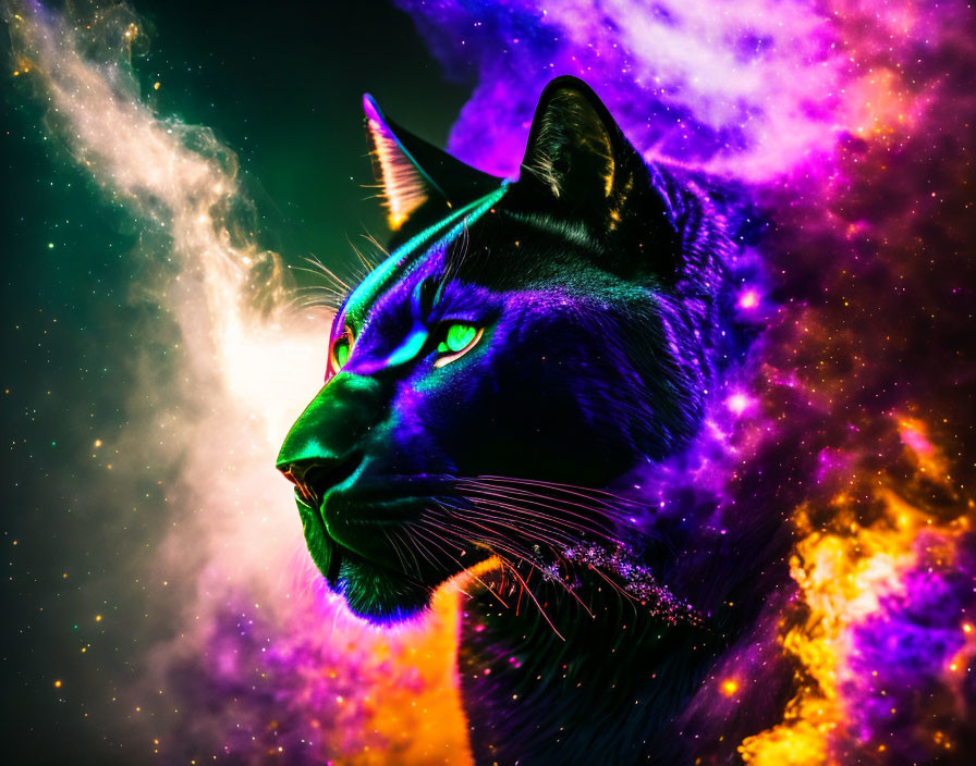 Digital Artwork: Black Cat with Green Eyes in Cosmic Nebulae