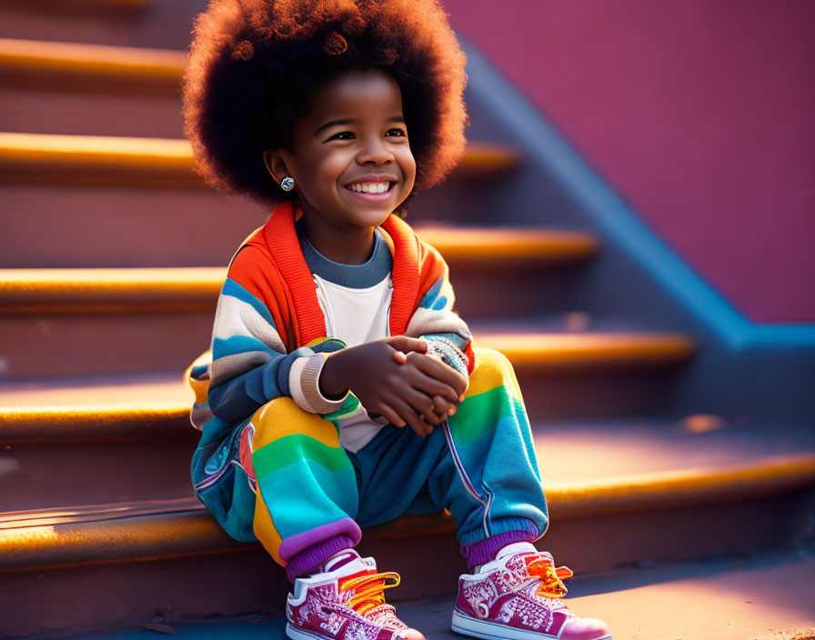 Young Child with Big Afro in Colorful Outfit on Pink Stairs