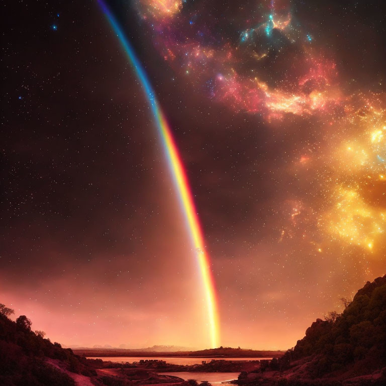 Colorful Cosmic Rainbow Over Starry Night Sky and Serene Landscape