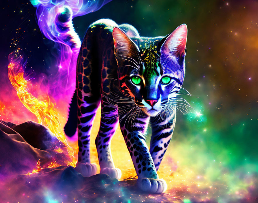 Colorful neon-patterned cat in cosmic setting