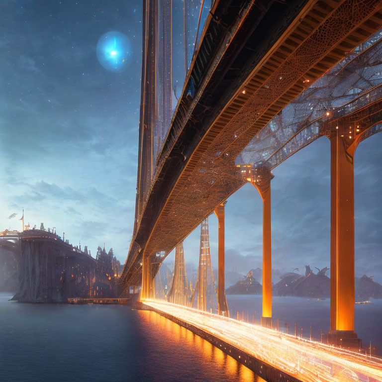 Luminous suspension bridge over water at twilight with starry sky and moon