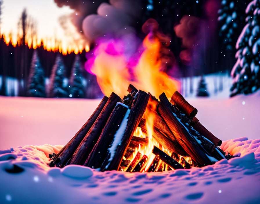 Bright Campfire in Snowy Twilight Scene with Purple Flames and Forest Background