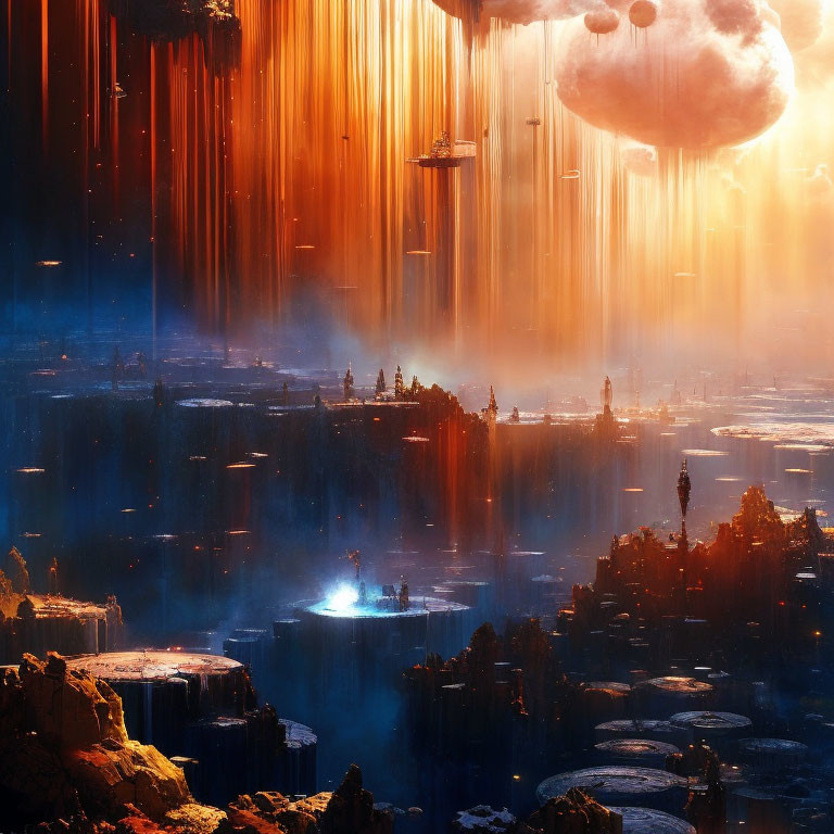 Futuristic sci-fi landscape with floating islands and light beams