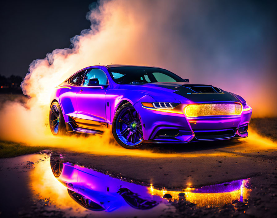 Vibrant Purple Sports Car with Dramatic Lighting and Smoke Effects at Night