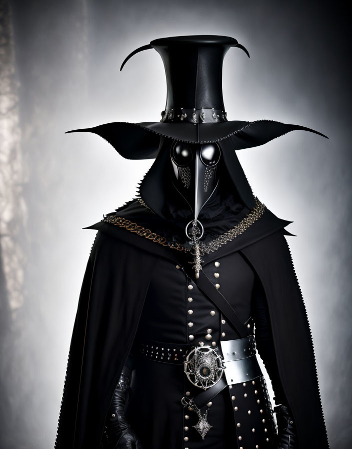 Mysterious figure in black cloak with plague doctor mask