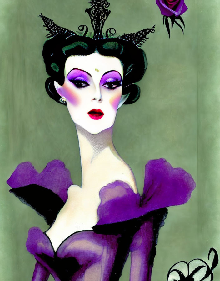 Stylized woman with exaggerated features in dark crown and purple dress