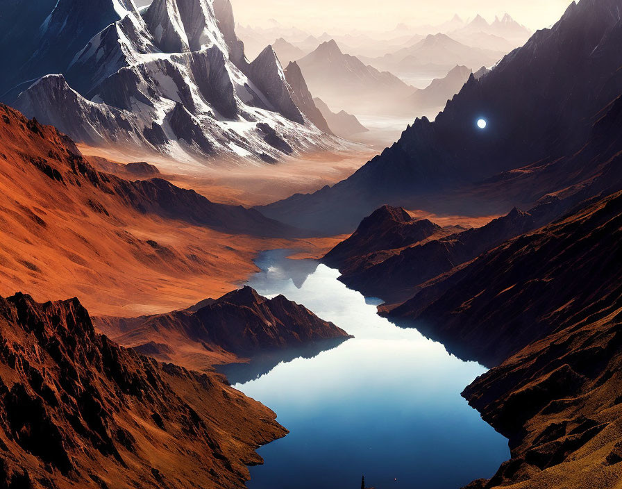 Serene lake surrounded by rugged mountains at twilight