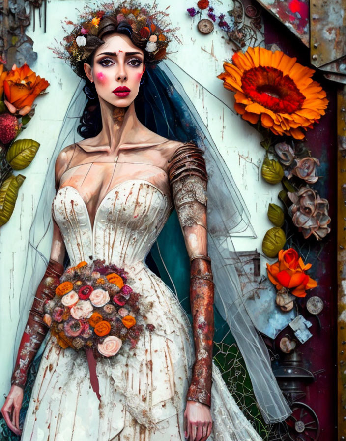 Woman in ornate bridal gown with floral headpiece and bouquet against colorful backdrop.