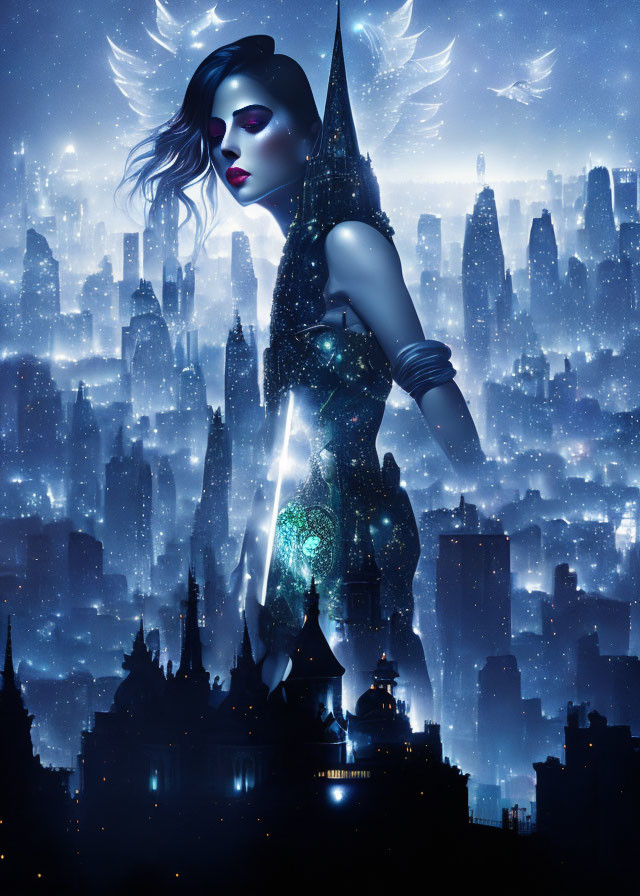 Warrior woman with wings and sword in futuristic cityscape at night