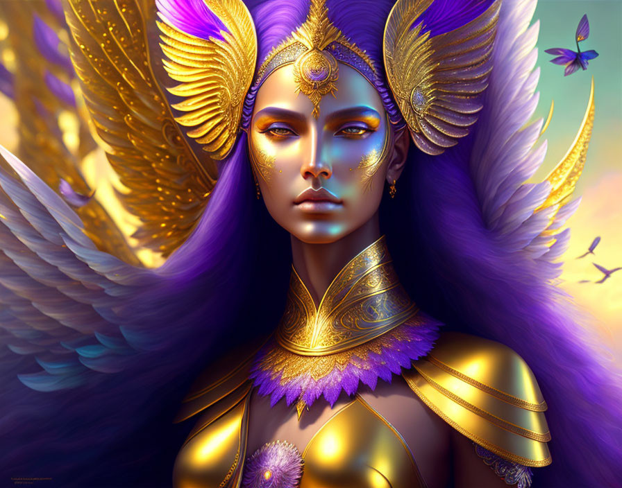 Fantasy portrait featuring woman with purple skin, golden armor, feathered wings, and butterflies on colorful