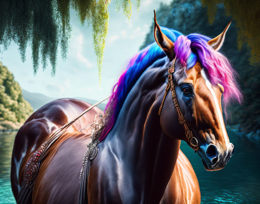 Colorful horse with shiny coat by river with greenery background
