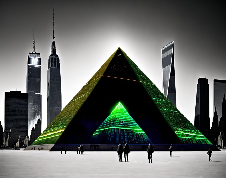 Futuristic green-lit pyramid with silhouetted figures against cityscape backdrop