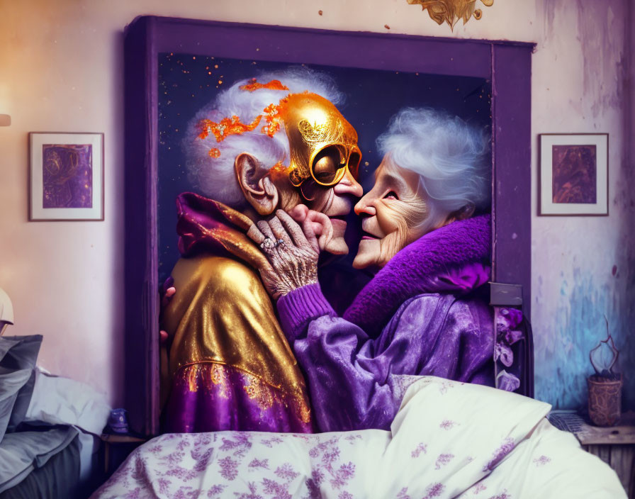 Elderly couple in vibrant costumes sharing a tender kiss among cosmic decor
