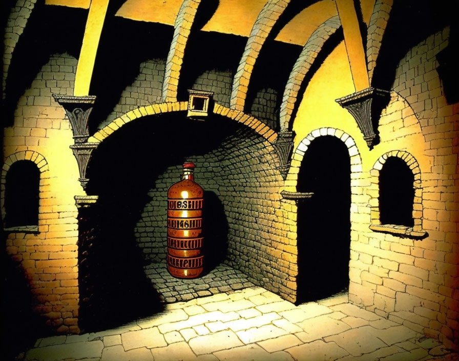 Detailed illustration: Old brick cellar with arches and Cyrillic-labeled brown bottle.